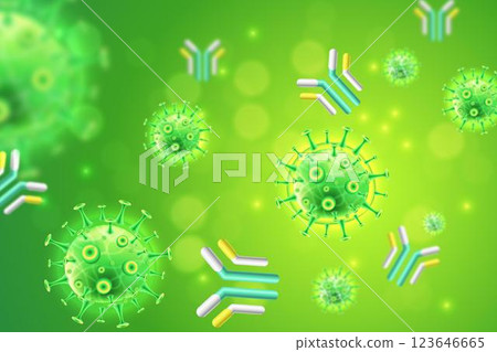 Virus particles interacting with antibody molecules 123646665
