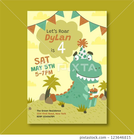 Hand drawn dinosaur birthday invitation template 123646815
