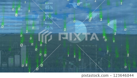 Image of financial data processing and binary coding over landscape 123646844