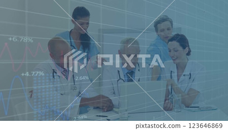 Image of financial data processing over diverse doctors in hospital 123646869