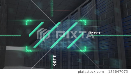 Image of data processing and analysis over server racks in data center 123647073