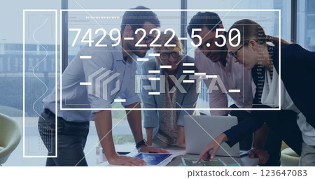 Image of financial data processing over diverse business people in office 123647083
