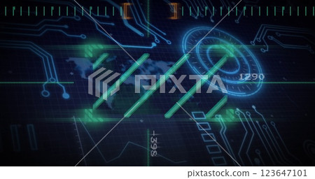 Image of scope and data processing over computer circuit board 123647101