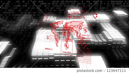 Image of world map, binary coding and data processing over dark background Image of world map, binary coding and data processing over dark background 123647111