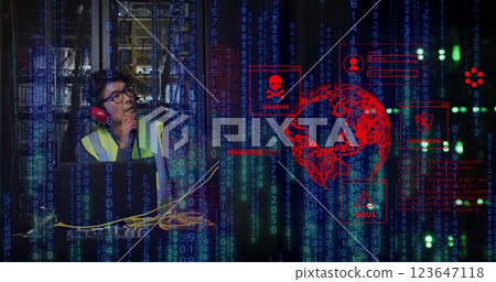 Image of globe and data processing over asian male it engineer and computer servers 123647118