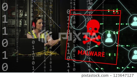 Image of malware text, binary coding and caucasian female it engineer by computer servers Image of malware text, binary coding and caucasian female it engineer by computer servers 123647127