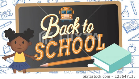 Image of back to school text over school items icons and board 123647133