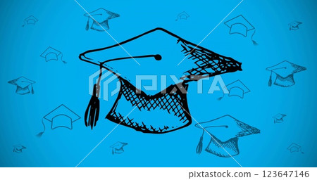 Image of graduation hats on blue background 123647146
