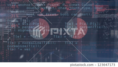 Image of financial data processing and world map on black background 123647173