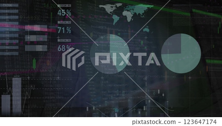 Image of financial data processing over modern office building 123647174