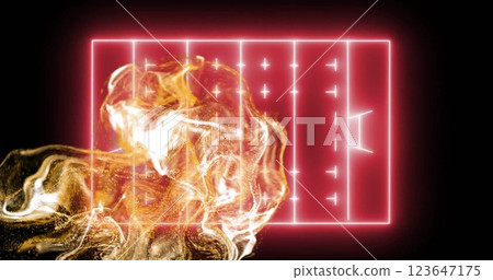 Image of orange network of particles floating over red neon rugby pitch on black background Image of orange network of particles floating over red neon rugby pitch on black background 123647175