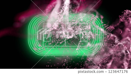 Image of network of white and pink particles floating over green neon football stadium on black 123647176