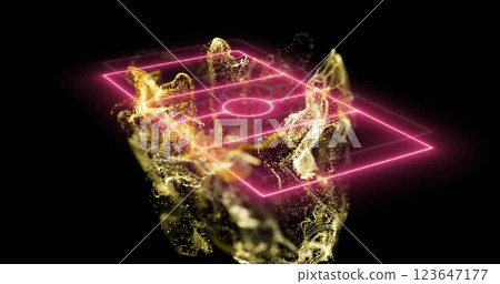 Image of network of yellow particles floating over pink neon basketball court on black 123647177