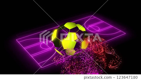 Image of red and purple particle network and football over pink neon basketball court Image of red and purple particle network and football over pink neon basketball court 123647180