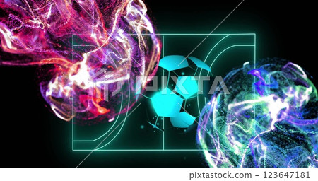 Image of yellow and blue particle networks and ball over blue neon handball court Image of yellow and blue particle networks and ball over blue neon handball court 123647181