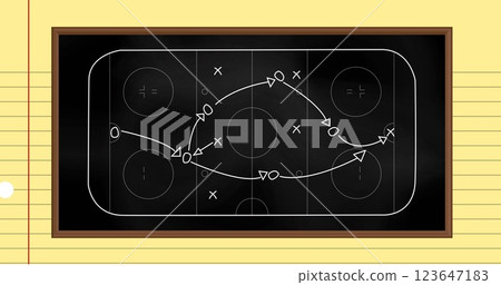 Image of ice hockey sports field with tactics and strategy drawings on ruled paper background Image of ice hockey sports field with tactics and strategy drawings on ruled paper background 123647183