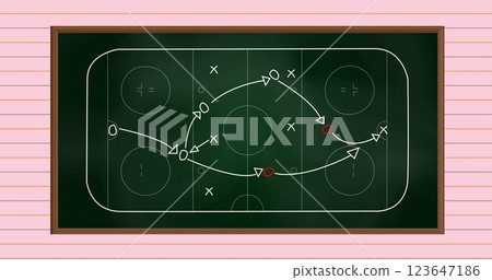 Image of ice hockey sports field with tactics and strategy drawings on ruled paper background 123647186