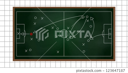 Image of football sports field with tactics and strategy drawings on ruled paper background 123647187