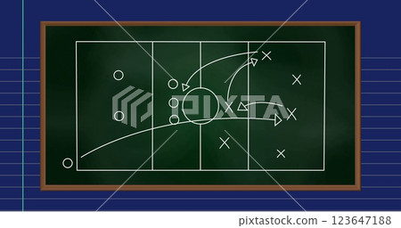 Image of sports field with tactics and strategy drawings on ruled paper background Image of sports field with tactics and strategy drawings on ruled paper background 123647188
