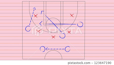 Image of basketball sports court with tactics and strategy drawings on ruled paper background 123647190