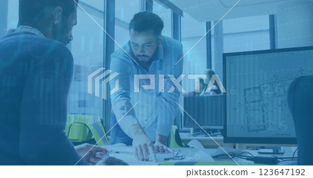 Image of financial data processing over diverse business people in office 123647192