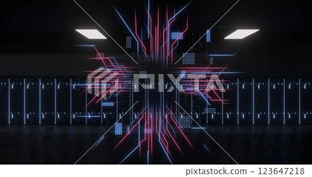 Image of circuit board and digital data processing over computer servers Image of circuit board and digital data processing over computer servers 123647218