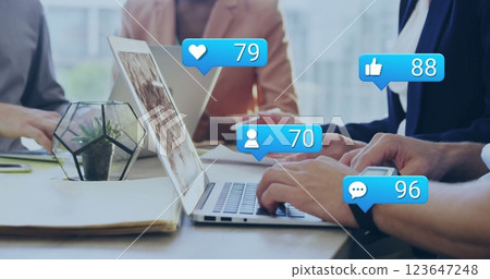 Image of financial data processing over diverse business people in office Image of financial data processing over diverse business people in office 123647248