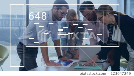 Image of financial data processing over diverse business people in office 123647249