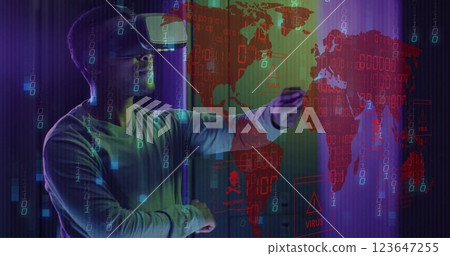 Image of world map and data processing over man wearing vr headset and computer servers 123647255