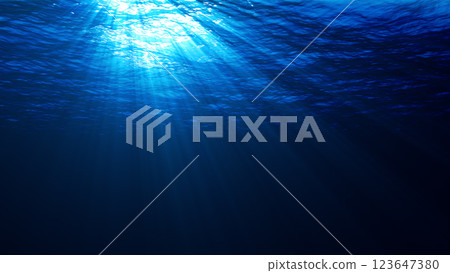 Underwater lights rays light beams penetrating the surface of water 8K 123647380