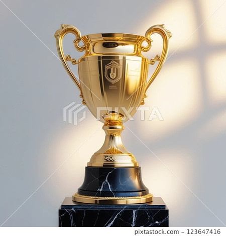 Elegant golden trophy on black marble pedestal. Elegant golden trophy on black marble pedestal. 123647416