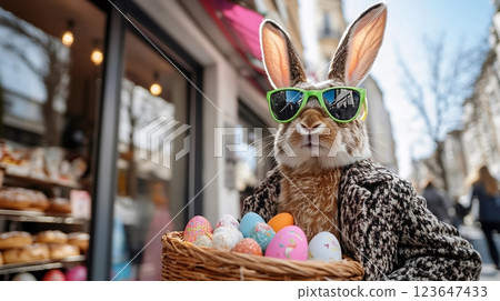 Trendy Easter Bunny in Patterned Jacket Holding Basket of Easter Eggs for Happy Easter Concept 123647433