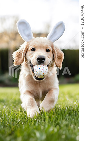 Happy Easter, golden retriever puppy with bunny ears playing outdoors with festive egg 123647446