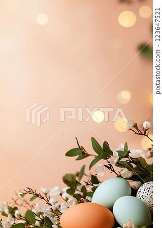 Spring-inspired Easter background with softly lit speckled eggs and delicate blossoms Spring-inspired Easter background with softly lit speckled eggs and delicate blossoms 123647521