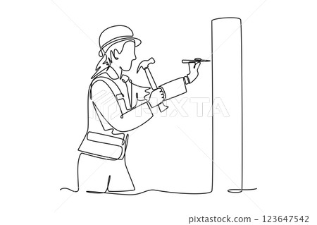 Continuous one line drawing young carpenter woman wearing helmet and uniform hitting nail in wall with hammer. Building construction worker concept. Single line draw design vector graphic illustration 123647542