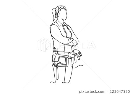 Single continuous line drawing side view young female joiner in apron and tools belt standing near workbench while working in craft workshop. Dynamic one line draw graphic design vector illustration 123647550