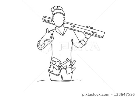 Single one line drawing of attractive carpenter woman carrying planks of wood on her shoulder with thumbs up gesture. Home construction concept. Continuous line draw design graphic vector illustration Single one line drawing of attractive carpenter woman carrying planks of wood on her shoulder with thumbs up gesture. Home construction concept. Continuous line draw design graphic vector illustration 123647556