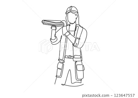 Single one line drawing pretty young carpenter woman carrying wood on her shoulder in a workshop. Building construction and renovation. Modern continuous line draw design graphic vector illustration 123647557