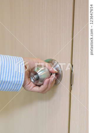 Woman hand holding doorknob and Open door. close the door knob Woman hand holding doorknob and Open door. close the door knob 123647654