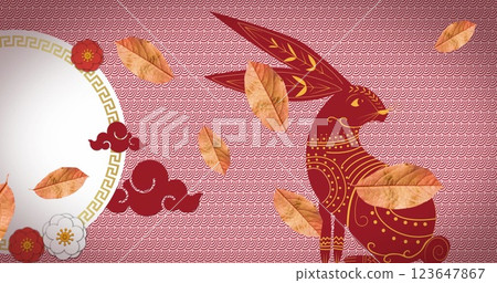 Image of leaves falling over chinese traditional decorations with rabbit on pink background Image of leaves falling over chinese traditional decorations with rabbit on pink background 123647867