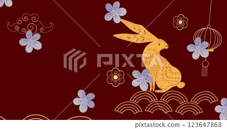Image of chinese traditional decorations with rabbit on red background Image of chinese traditional decorations with rabbit on red background 123647868
