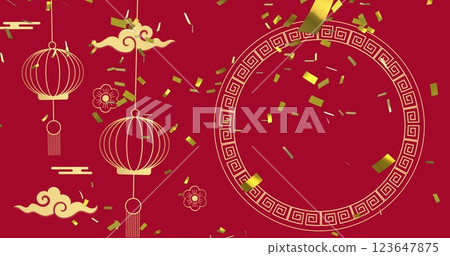 Image of chinese traditional decorations and confetti on red background 123647875