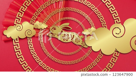 Image of chinese traditional decorations with rabbit on red background Image of chinese traditional decorations with rabbit on red background 123647900