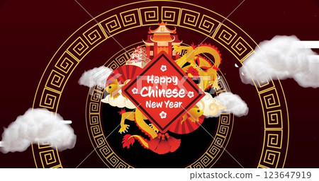 Image of new year greetings text and chinese traditional decorations on red background Image of new year greetings text and chinese traditional decorations on red background 123647919