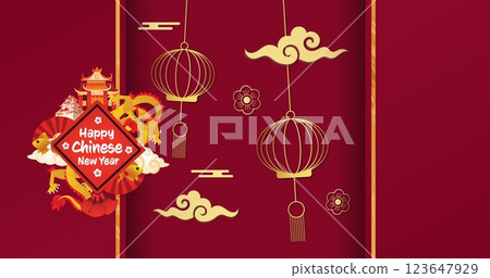 Image of new year greetings text and chinese traditional decorations on red background 123647929