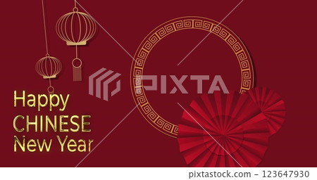 Image of new year greetings text and chinese traditional decorations on red background 123647930