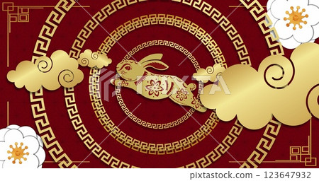 Image of chinese traditional decorations with rabbit on red background Image of chinese traditional decorations with rabbit on red background 123647932