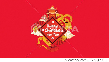 Image of happy new year text over chinese decorations 123647935