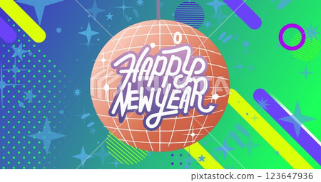 Image of happy new year text over disco ball 123647936