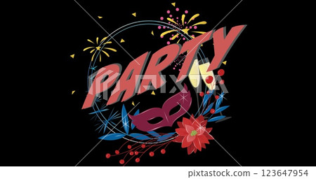 Image of party text over fireworks and glass 123647954